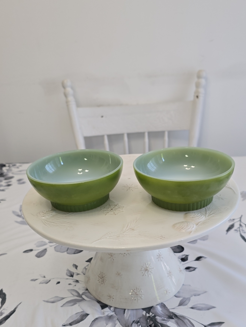 Vintage MCM Set Of 2 Fire King Olive  Green Ribbed Base Cereal Dessert Bowls